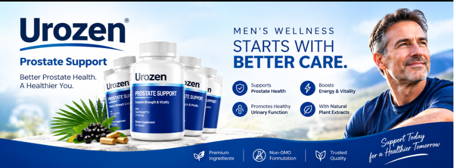 Urozen Prostate Support bottles and men’s wellness information from the supplied brand banner