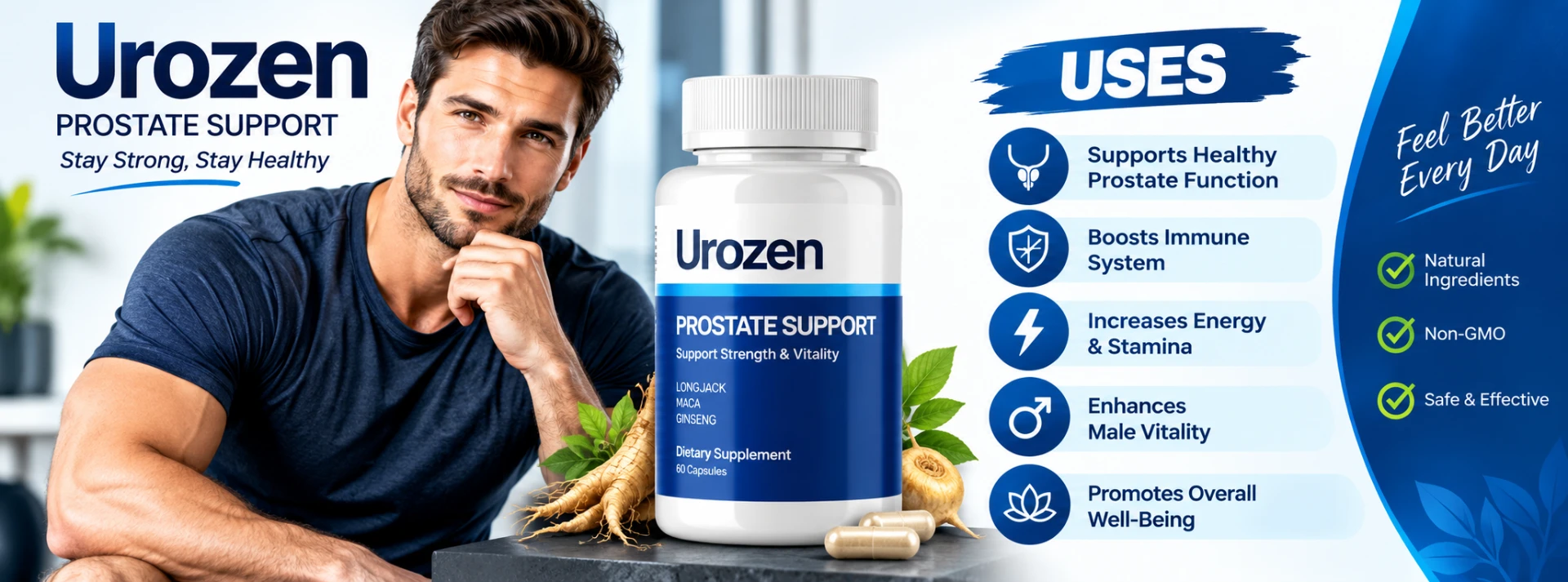 Supplied Urozen banner showing a prostate support bottle, plant ingredients, and the brand’s advertised benefits