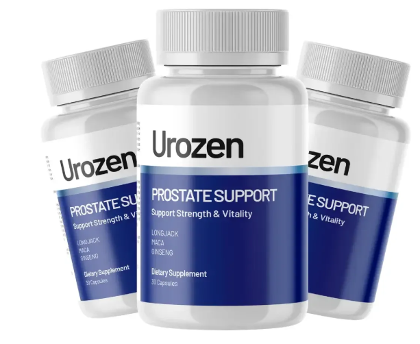 Three Urozen Prostate Support dietary supplement bottles